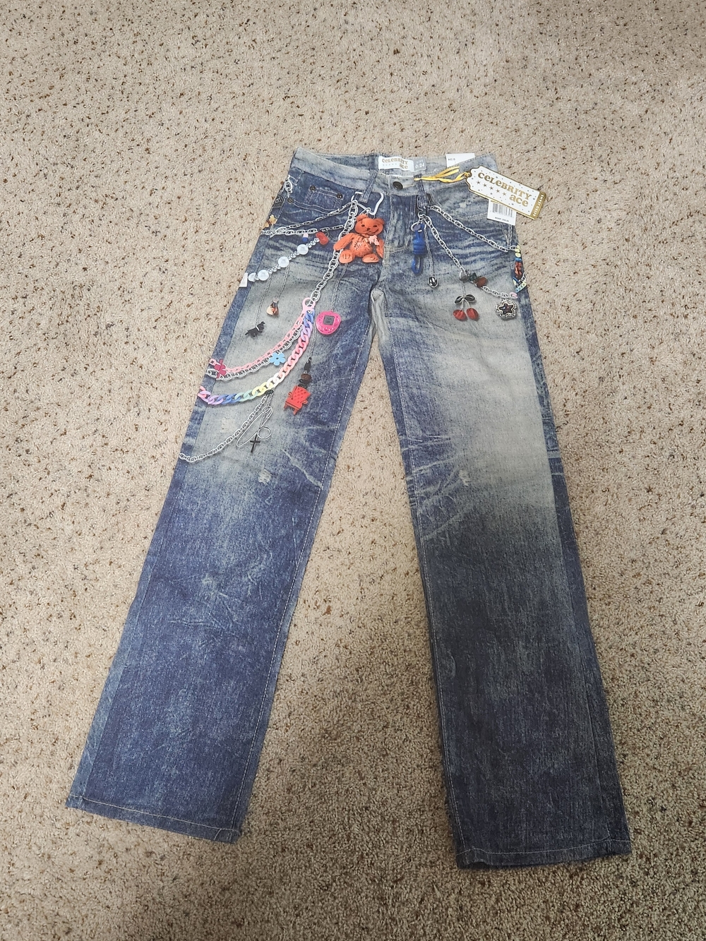 Celebrity Ace Y2K Grunge Teddy Bear Charm Embellished Jeans NWT Rare Size 0